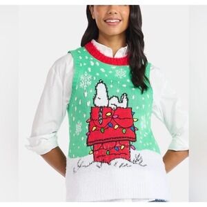 Peanuts Snoopy Christmas Sweater Vest Green Red Doghouse Holiday Small NEW